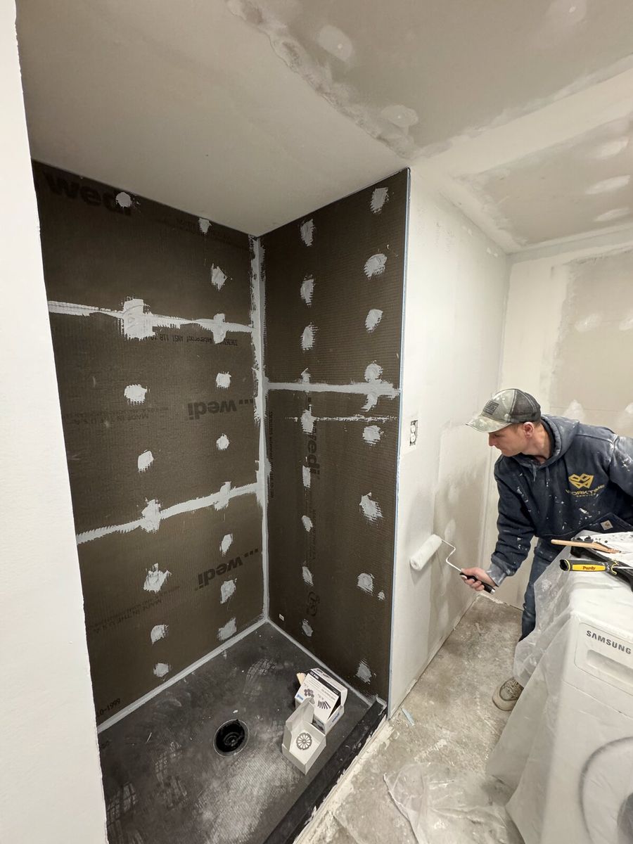 WEDI waterproofing, photographed before tile covers it